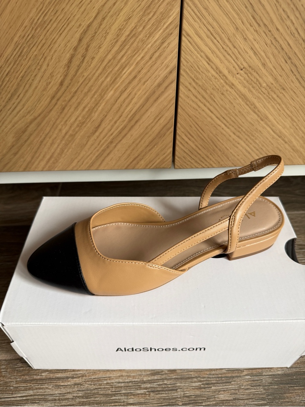 Aldo Two-Tone Slingback Flat in Tan and Black